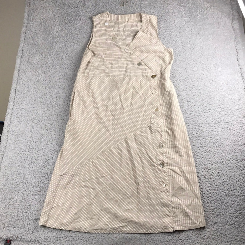 Soft Surroundings Dress Womens XL Tan Striped Hemp Cotton Asymmetric Button Midi - Picture 2 of 12